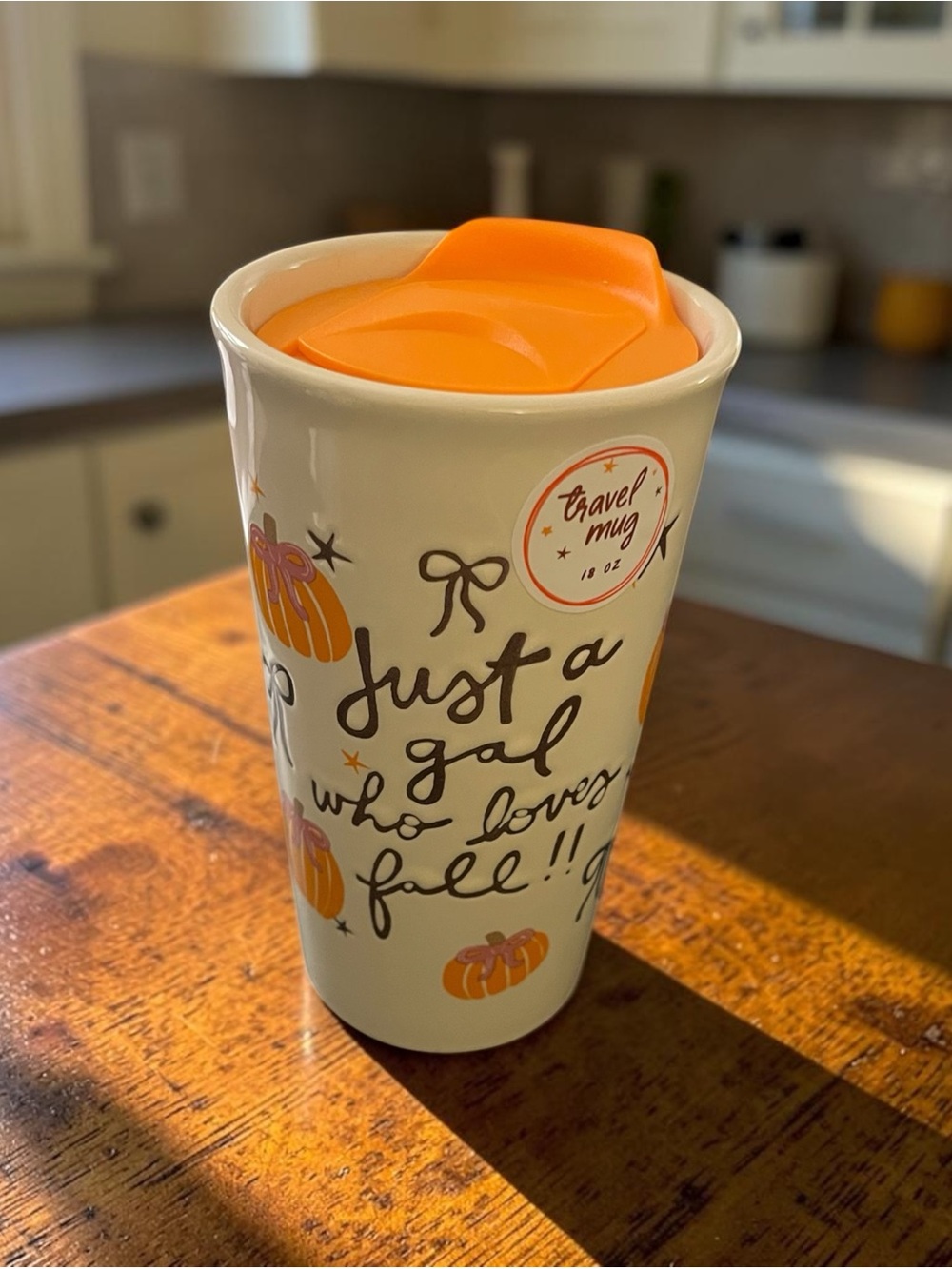 Ceramic Travel Mug - Just a Gal Who Loves Fall - Orange Lid
